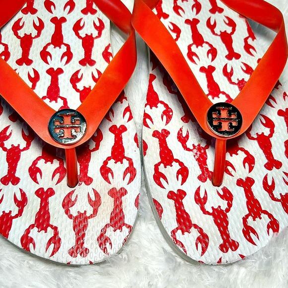 Tory Burch Red White Lobster Slip On Flats Silver Logo Classic Capsule Preppy 9 - Picture 3 of 6